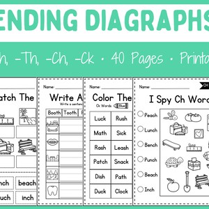 May include: Black and white printable worksheets for kids to practice spelling words ending in -sh, -th, -ch, and -ck. The worksheets include activities like matching pictures to words, writing sentences, coloring words, and finding hidden words.