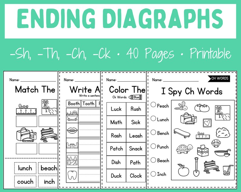 May include: Black and white printable worksheets for kids to practice spelling words ending in -sh, -th, -ch, and -ck. The worksheets include activities like matching pictures to words, writing sentences, coloring words, and finding hidden words.