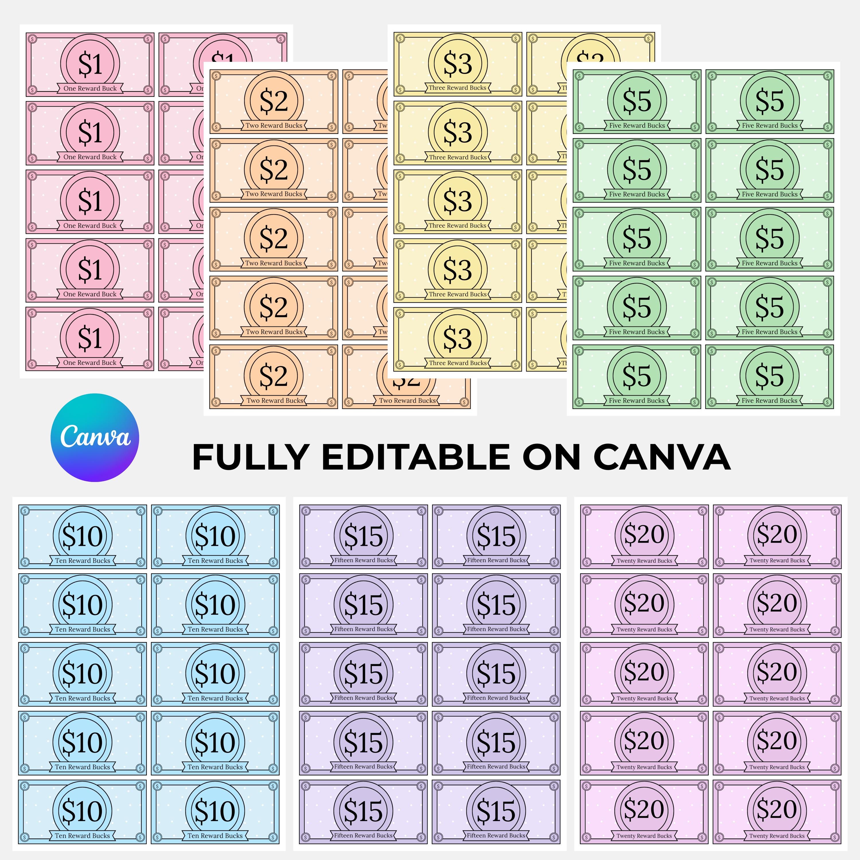 Editable Kids Reward Bucks and Chart - Printable - Reward Bucks - Chore ...