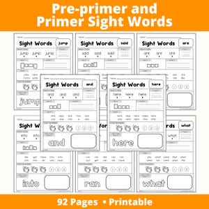 May include: A set of printable sight word worksheets for pre-primer learners. Each page features a sight word with tracing, writing, and sentence-building activities. The worksheets include words like "jump," "said," "and," and "here." The image also includes the text "92 Pages • Printable."