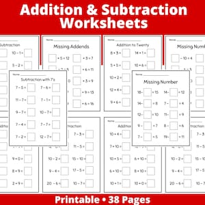 Fogli di lavoro matematici - Stampabili - Download istantaneo - Addizione - Sottrazione