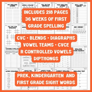 May include: A collection of printable spelling worksheets for PreK, Kindergarten, and First Grade. The worksheets include 218 pages with 36 weeks of spelling practice, covering CVC, blends, digraphs, vowel teams, and sight words.