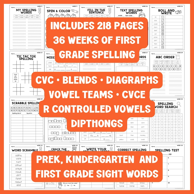 May include: A collection of printable spelling worksheets for PreK, Kindergarten, and First Grade. The worksheets include 218 pages with 36 weeks of spelling practice, covering CVC, blends, digraphs, vowel teams, and sight words.