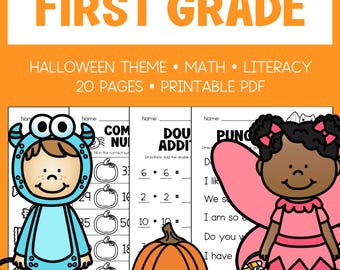First Grade - Worksheets -  Halloween Theme - Printable - Homeschool - Teacher Resources - Instant Download - Math - Literacy - Phonics