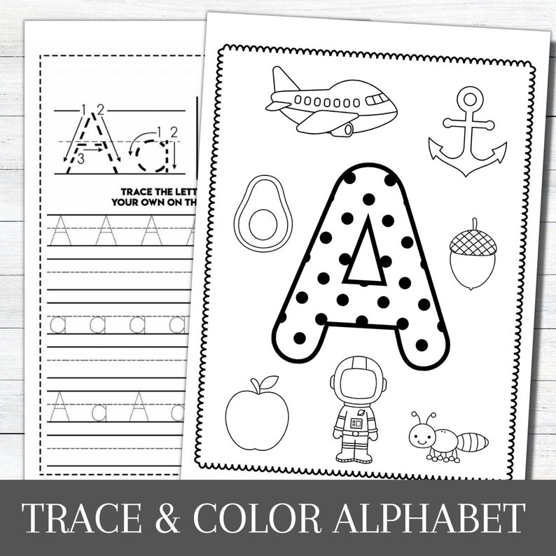 May include: Black and white printable worksheet featuring the letter A with dotted lines for tracing. The worksheet includes images of an airplane, avocado, acorn, astronaut, and an ant. The text "TRACE THE LETTER A" is at the top of the worksheet.