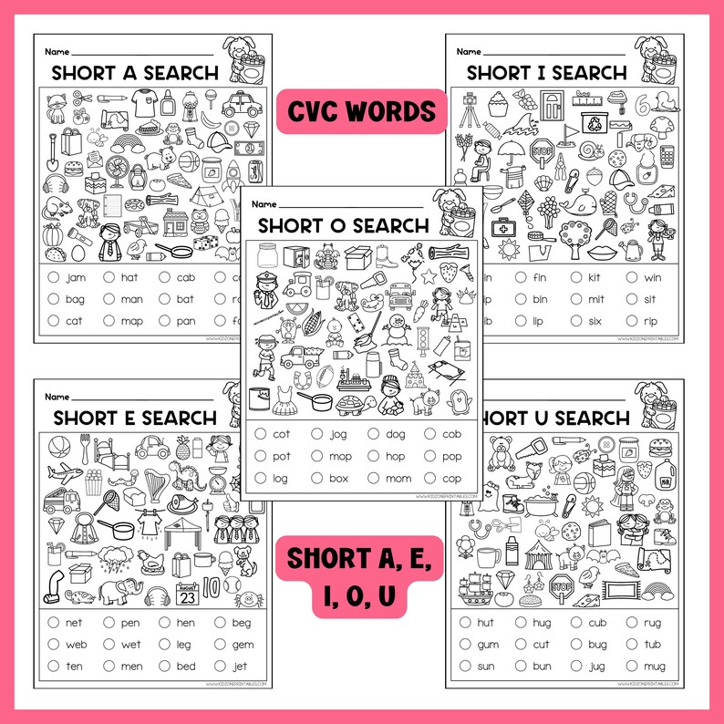 May include: Five black and white printable worksheets for early literacy. Each worksheet is labeled with a short vowel sound and features a search activity with CVC words. The worksheets are designed for educational use.