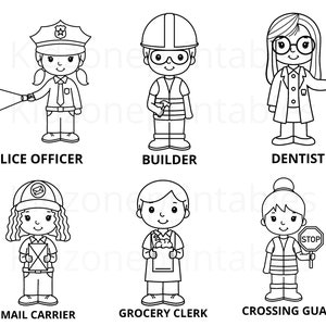 May include: Black and white line art illustration of six different professions: police officer, builder, dentist, mail carrier, grocery clerk, and crossing guard.
