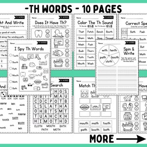 May include: Black and white printable worksheets for teaching the "th" sound in English. The worksheets include activities like highlighting words, matching pictures to words, and spelling words. The worksheets are designed for young learners.