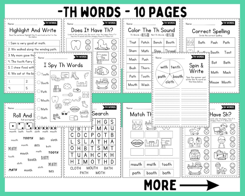 May include: Black and white printable worksheets for teaching the "th" sound in English. The worksheets include activities like highlighting words, matching pictures to words, and spelling words. The worksheets are designed for young learners.