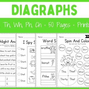 Printable Worksheets - Diagraphs - Beginning Sounds - First Grade - Kindergarten - Homeschool - Instant download