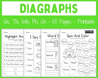 Printable Worksheets - Diagraphs - Beginning Sounds - First Grade - Kindergarten - Homeschool - Instant download