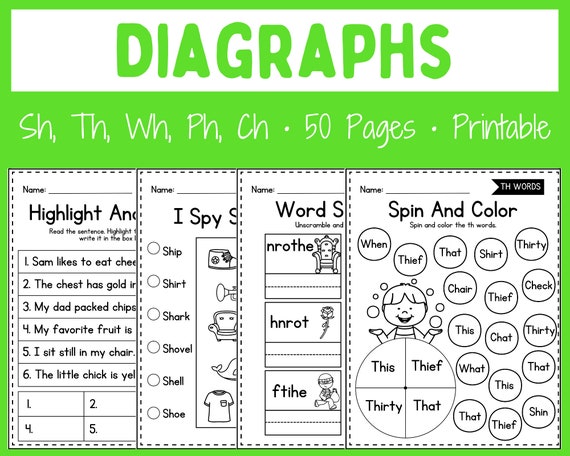 Printable Worksheets - Diagraphs - Beginning Sounds - First Grade - Kindergarten - Homeschool - Instant download