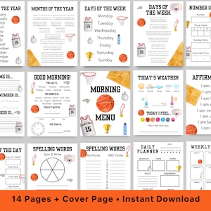 Elementary morning menu - Printable - Homeschool - First Grade - Second Grade - Spelling - Math - Instant Download - Basketball