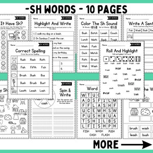 May include: Black and white printable worksheets for teaching children about the "sh" sound in English. The worksheets include activities such as coloring, writing, spelling, and word searches. The worksheets are labeled with the title "SH WORDS - 10 PAGES".
