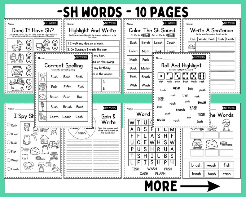 May include: Black and white printable worksheets for teaching children about the "sh" sound in English. The worksheets include activities such as coloring, writing, spelling, and word searches. The worksheets are labeled with the title "SH WORDS - 10 PAGES".