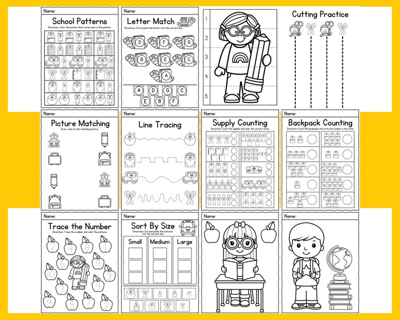 May include: Black and white printable worksheets for kids featuring school-themed activities like tracing, counting, matching, and cutting practice. The worksheets include images of backpacks, pencils, apples, scissors, and more.