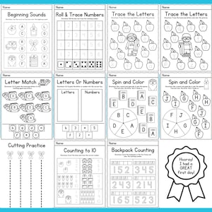 May include: Black and white printable worksheet for preschoolers with activities such as tracing letters, matching letters, counting to 10, and cutting practice. The worksheets feature a variety of themes, including apples, backpacks, and scissors.