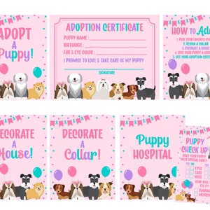 May include: A printable set of pink and blue cards with illustrations of puppies and text that says "Adopt a Puppy!"  "How to Adopt" "Decorate a House!" "Decorate a Collar!" "Puppy Hospital" and "Puppy Check Up".