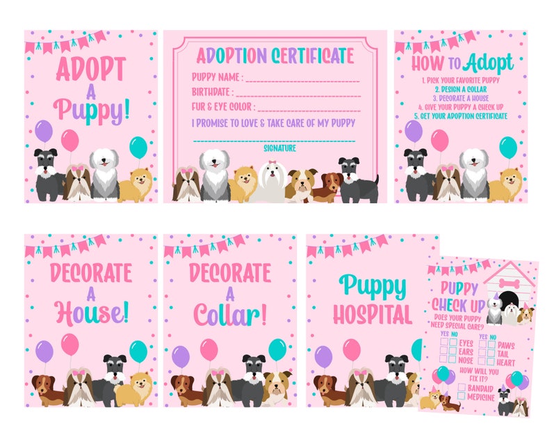 May include: A printable set of pink and blue cards with illustrations of puppies and text that says "Adopt a Puppy!"  "How to Adopt" "Decorate a House!" "Decorate a Collar!" "Puppy Hospital" and "Puppy Check Up".