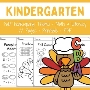 Kindergarten Worksheets - Printable - Homeschool - Teacher Resources - Instant Download - Fall Themed - No prep - Thanksgiving Activities