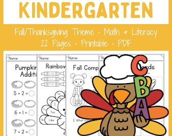 Kindergarten Worksheets - Printable - Homeschool - Teacher Resources - Instant Download - Fall Themed - No prep - Thanksgiving Activities