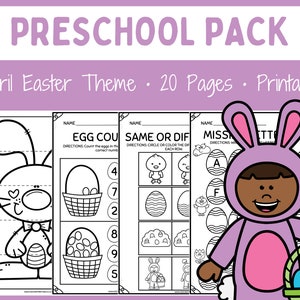 May include: A printable preschool pack with an Easter theme. The pack includes 20 pages of activities, such as counting eggs, finding differences, and missing letters. The cover features a cartoon bunny wearing an Easter costume.