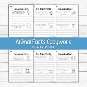 May include: A set of printable "Animal Facts Copywork" pages. Each page features fun facts about animals, accompanied by illustrations and lined spaces for writing practice. The title "Animal Facts Copywork" is displayed prominently.