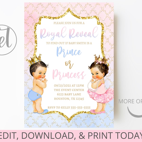 Editable invitation - Gender reveal - Prince or Princess - Instant download - Custom - Printable - Invitation template