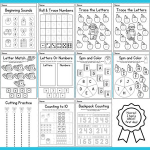 May include: Black and white printable worksheet for preschoolers with activities such as tracing letters, matching letters, counting to 10, and cutting practice. The worksheets feature a variety of themes, including apples, backpacks, and scissors.