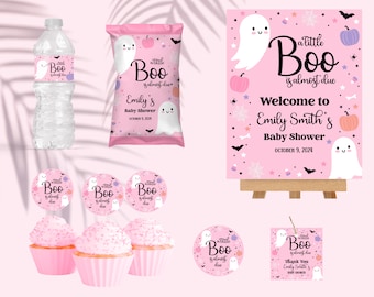 Little boo is almost due - Halloween Baby Shower - Printable - Decorations - Pink - Editable - It&#39;s a Girl - Favors - Package