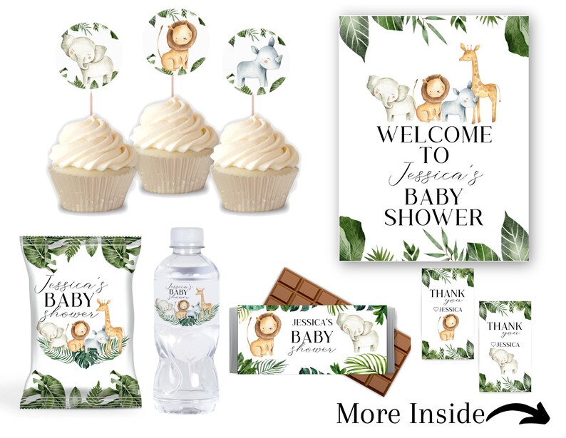 Jungle Baby shower Decorations Favors Signs Cupcake toppers Water labels Gift tags Chip bag Editable Printable