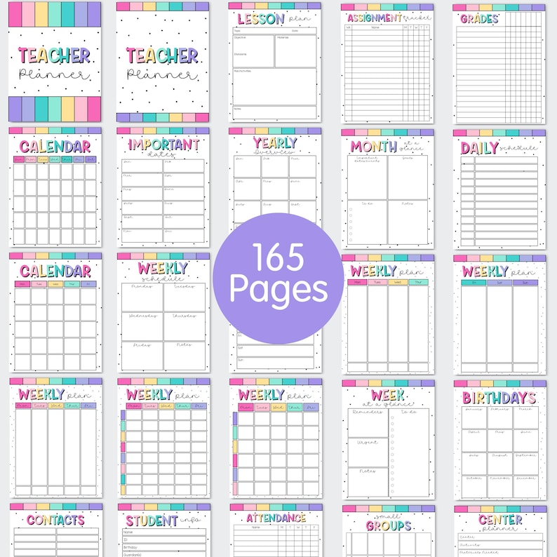 Op de afbeelding: Een lerarenplanner met een kleurrijk ontwerp. De planner bevat secties voor agenda's, lesplannen, wekelijkse roosters en meer. De planner heeft 165 pagina's en is ontworpen met een pastelkleurenschema.