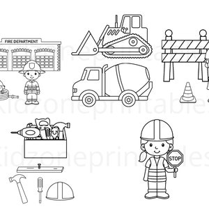 May include: Black and white coloring page featuring a fire station, a cement mixer truck, a bulldozer, a construction worker, a firefighter, and a toolbox with tools. The page also includes a stop sign, a traffic cone, and a construction barrier.