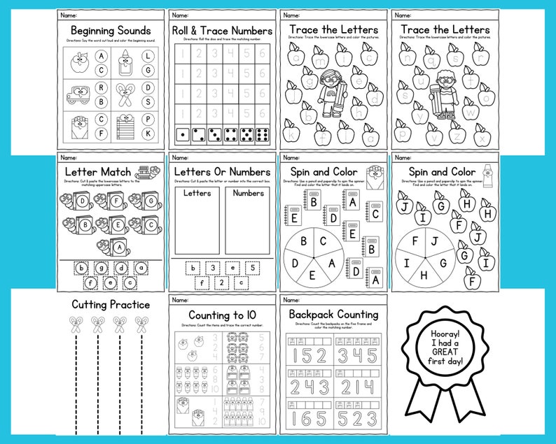 May include: Black and white printable worksheet for preschoolers with activities such as tracing letters, matching letters, counting to 10, and cutting practice. The worksheets feature a variety of themes, including apples, backpacks, and scissors.
