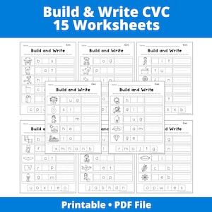 May include: A collection of 15 printable CVC worksheets for early literacy. Each worksheet features fill-in-the-blank exercises with accompanying illustrations. The title "Build & Write" is displayed at the top, along with the phrase "Printable PDF File" at the bottom.
