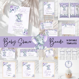 Elephant bundle - Baby Shower - Editable - Printable - Decorations - Invitation - Welcome Sign - Favors - Purple floral - It&#39;s a Girl