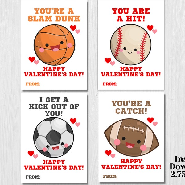 Valentine's Day Cards - Sports - Baseball - Basketball - Football- Soccer - Printable - Instant download