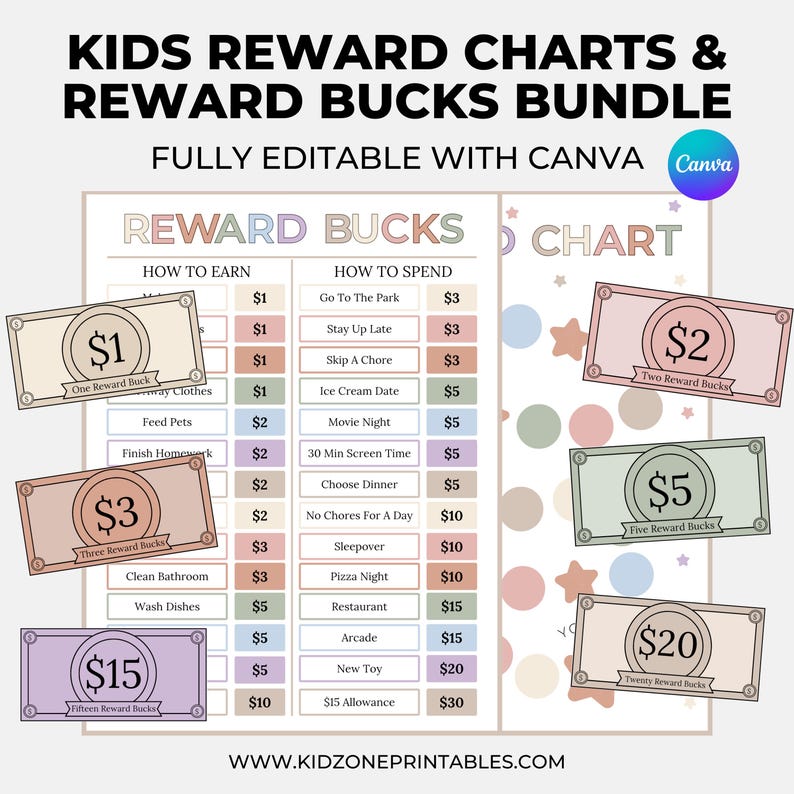 Editable Kids Reward Bucks and Chart - Printable - Reward Bucks - Chore ...