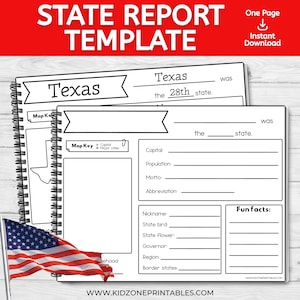 May include: A spiral-bound state report template with the title "STATE REPORT TEMPLATE" in red. The template includes sections for state facts, a map key, and an American flag in the corner. The text "Texas" is visible.