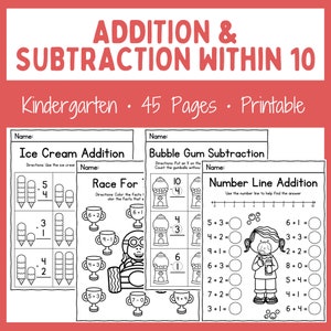 Math Worksheets - Printable - Instant download - Addition - Subtraction - Kindergarten