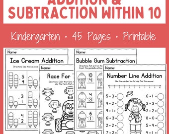 Math Worksheets - Printable - Instant download - Addition - Subtraction - Kindergarten