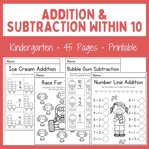 Math Worksheets - Printable - Instant download - Addition - Subtraction - Kindergarten