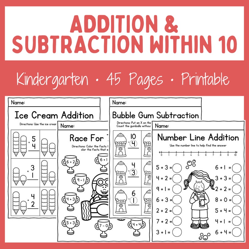 Math Worksheets Printable Instant download Addition Subtraction Kindergarten image 1