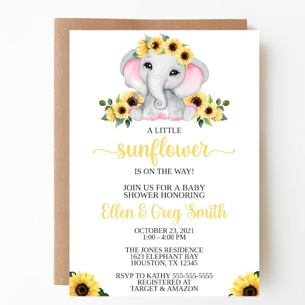 Editable baby shower invitation - Sunflower - Elephant - Invitation template