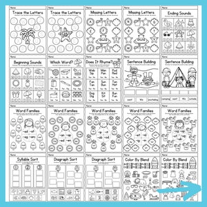 May include: Black and white printable worksheets for kids featuring summer themes like swimming, camping, and the beach. The worksheets include activities like tracing letters, missing letters, beginning sounds, word families, syllable sort, and diagraph sort.