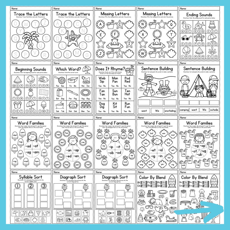 May include: Black and white printable worksheets for kids featuring summer themes like swimming, camping, and the beach. The worksheets include activities like tracing letters, missing letters, beginning sounds, word families, syllable sort, and diagraph sort.