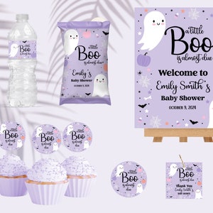 Little boo is almost due - Halloween Baby Shower - Printable - Decorations - Purple - Editable - It&#39;s a Girl - Favors - Package