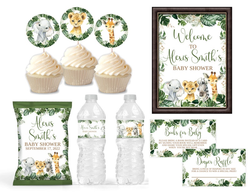 Baby Shower Bundle Package Safari Editable Printable Welcome sign Cupcake toppers Chip bag Water label Books for baby