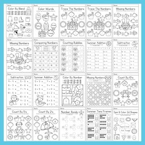 May include: A set of 16 printable summer-themed worksheets for kids. The worksheets feature a variety of activities, including coloring, tracing numbers, counting, addition, subtraction, and missing numbers. The worksheets are all black and white and feature a fun summer theme.