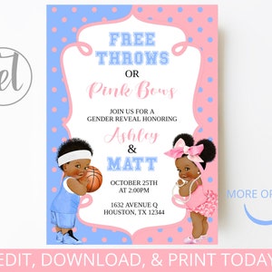 Free throws or Pink bows - Invitation - Editable - Printable - Invitation template - Gender Reveal - Download